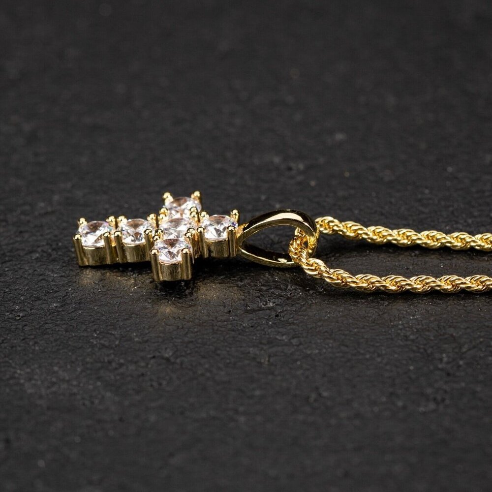 Mini Micro Elegant Yellow Gold Plated Iced Pointer Cross Pendant Necklace - Picture 6 of 6